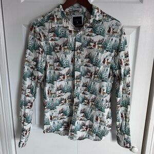 Cactus Man Slim Happy Holiday Button Down Shirt M Top Christmas Cabin Mountain